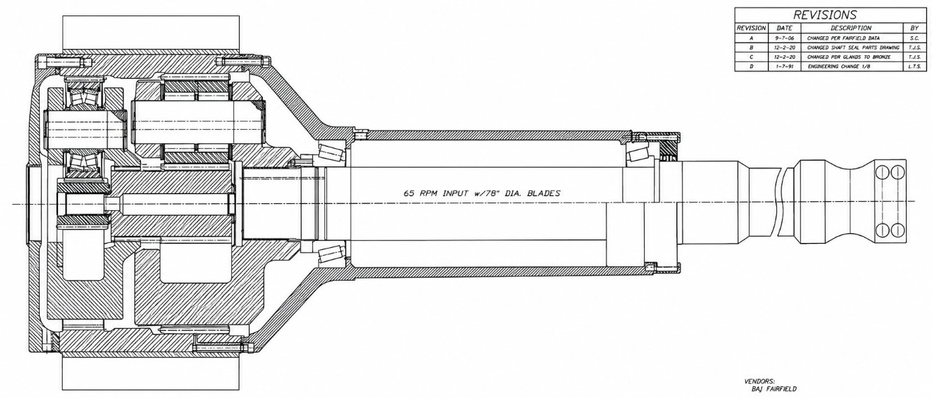 Engineering sectional drawing of the Carter gearbox and main shaft assembly, showing bearings, shaft seals and the 65 rpm input rated for 78-foot diameter blades