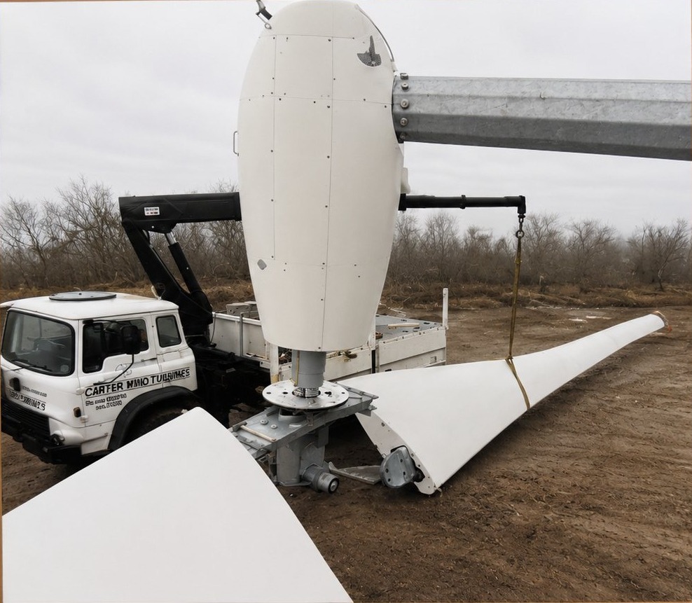 A Carter Wind Turbines crane-truck with the nacelle and rotor lowered to ground level in a field