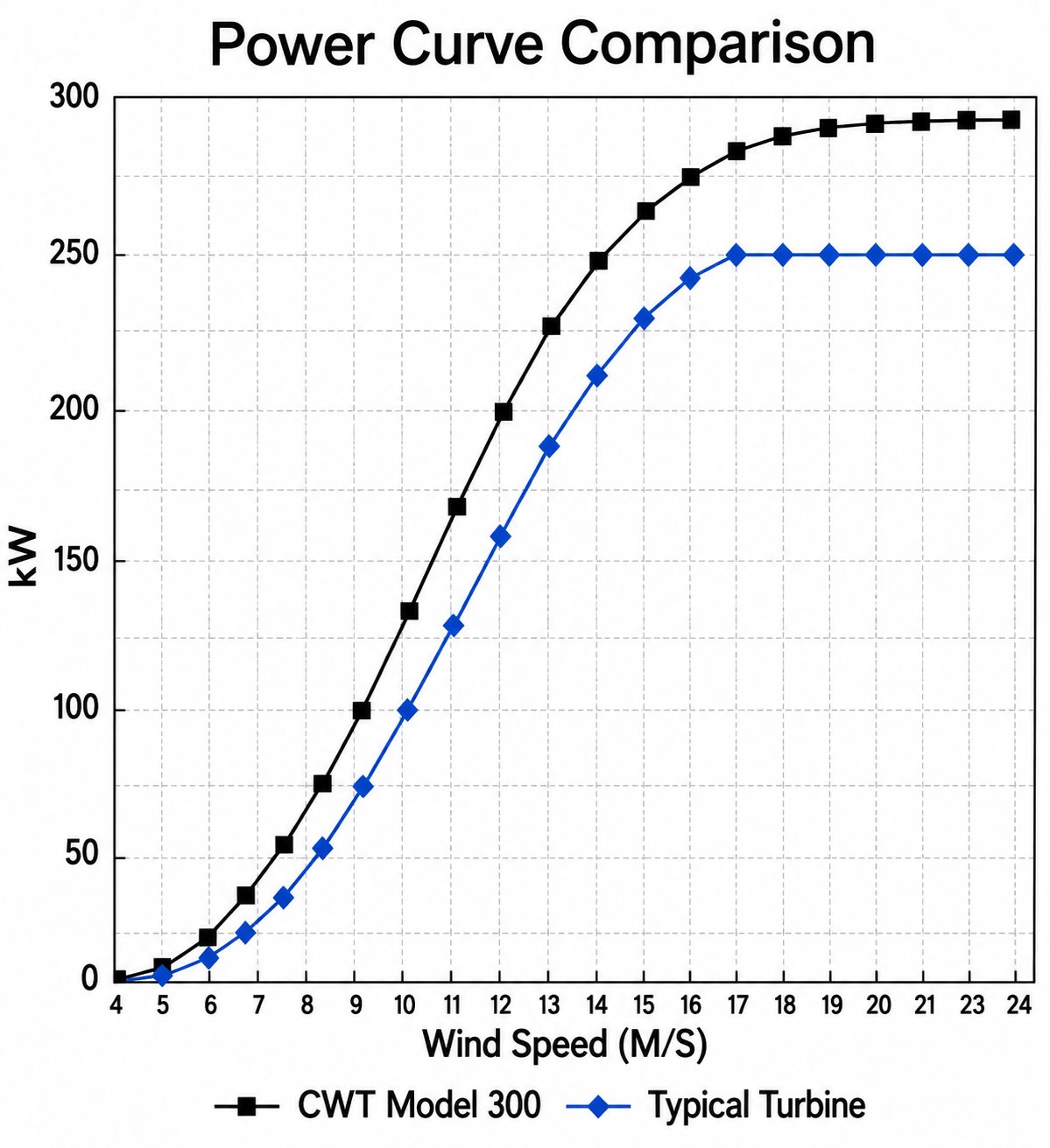 Power curve comparison chart: the CWT Model 300 reaches about 290 kW versus a typical turbine plateauing at 250 kW, plotted against wind speed from 4 to 24 m/s