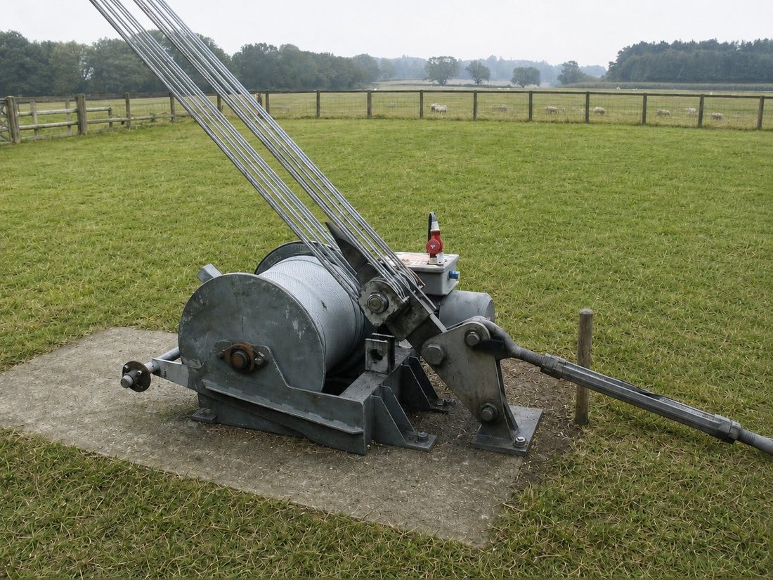 Movable Carter winch and its reinforced concrete winch pad in a field, cables running up to the guyed tower
