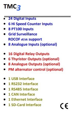 TMC3 specifications: 24 digital inputs, 6 hi-speed counter inputs, 8 PT100 inputs, grid surveillance with ROCOF support, relay and analogue outputs, PM alternator control, and USB, RS232, RS485, CAN, Ethernet and SD-card interfaces