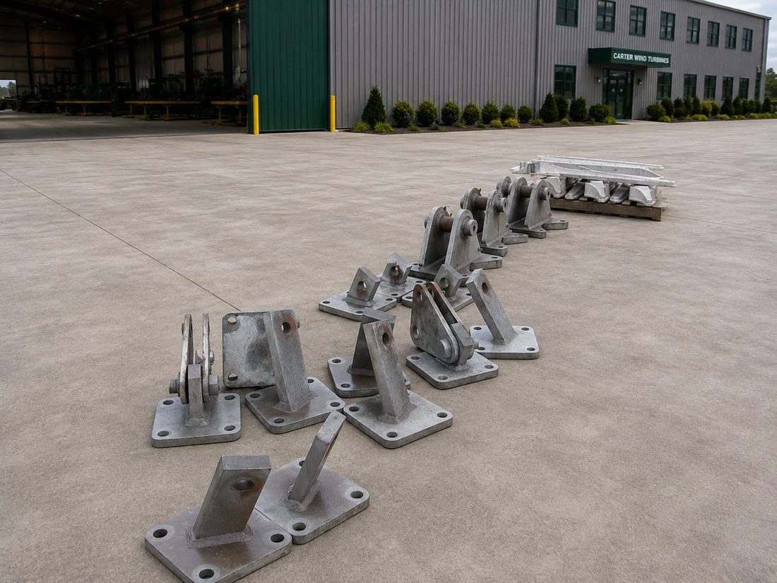 Galvanized hinged tower base fittings and ground anchor sets laid out on the apron at the Carter Wind Turbines factory