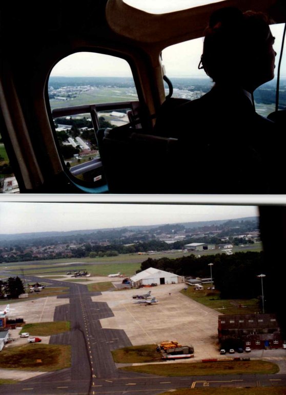 Two views from a helicopter on approach to Farnborough: a silhouetted passenger looking out over the airfield, and an aerial view of the apron with parked aircraft and hangars