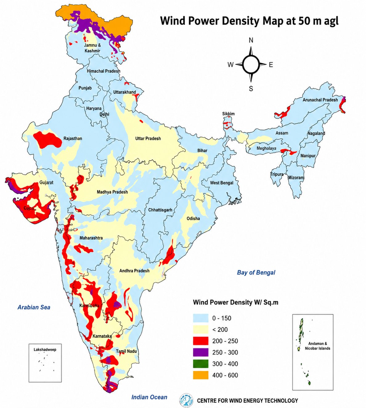 Wind power density map of India at 50 m above ground level, with Tamil Nadu, Gujarat, Maharashtra, Karnataka and Rajasthan showing the highest densities