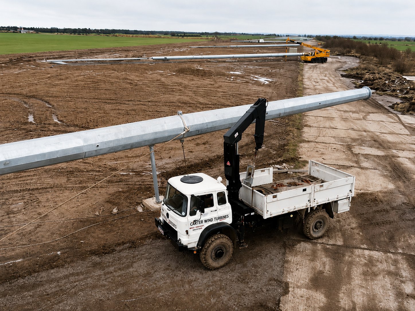 A Carter Wind Turbines crane-truck lifting a galvanised tower section into position at the Orton wind farm site, with more tower sections and a mobile crane laid out across the field behind