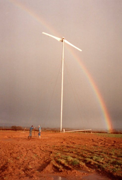 Erected Carter turbine on its tower, guy cables tensioned, ready to run