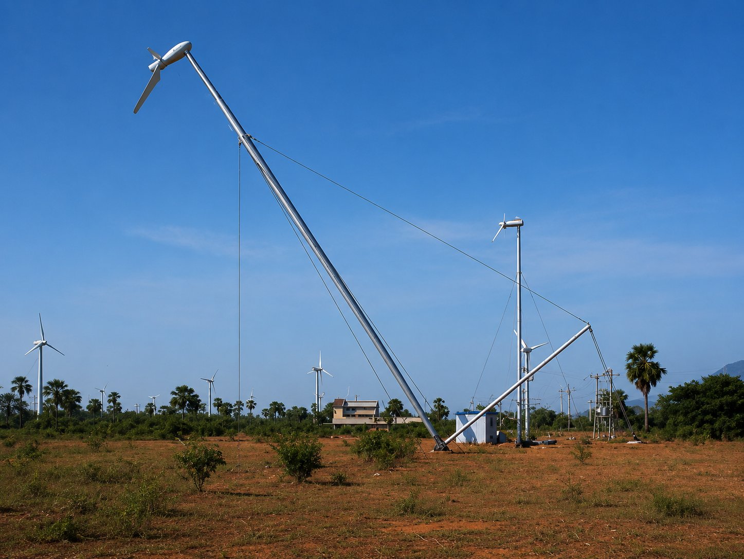A Carter turbine tilted down on its guyed tower among three-blade turbines and palms on the red-earth plain at Muppandal, Tamil Nadu