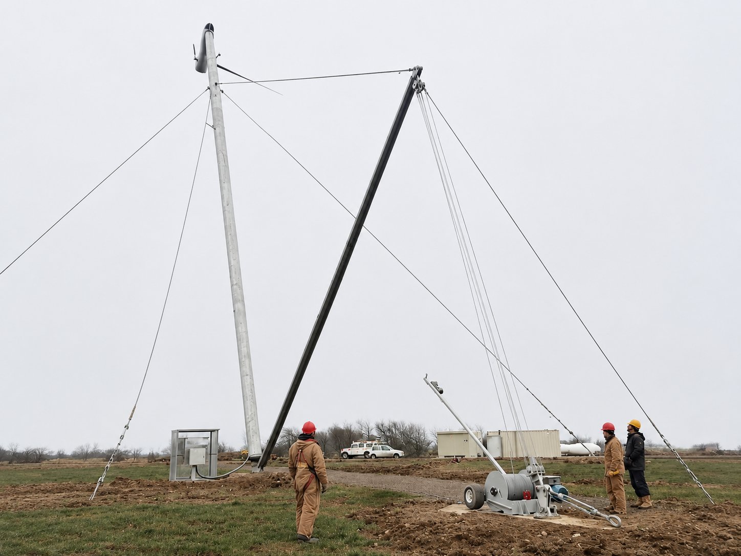 A Carter turbine being raised on its guyed tilt-down tower using a gin-pole and ground winch, with workers in hard hats watching as the tower lifts toward vertical