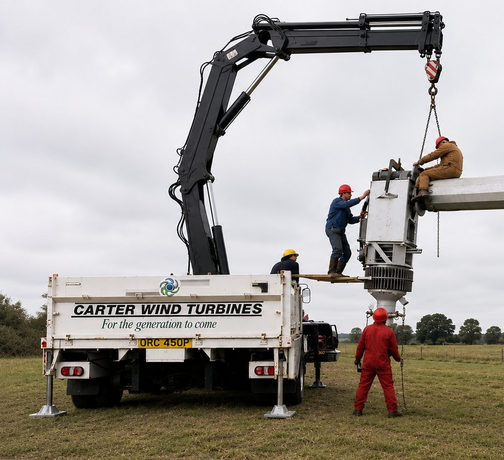 Carter Wind Turbines crane truck lifting the nacelle assembly onto the tower pintle