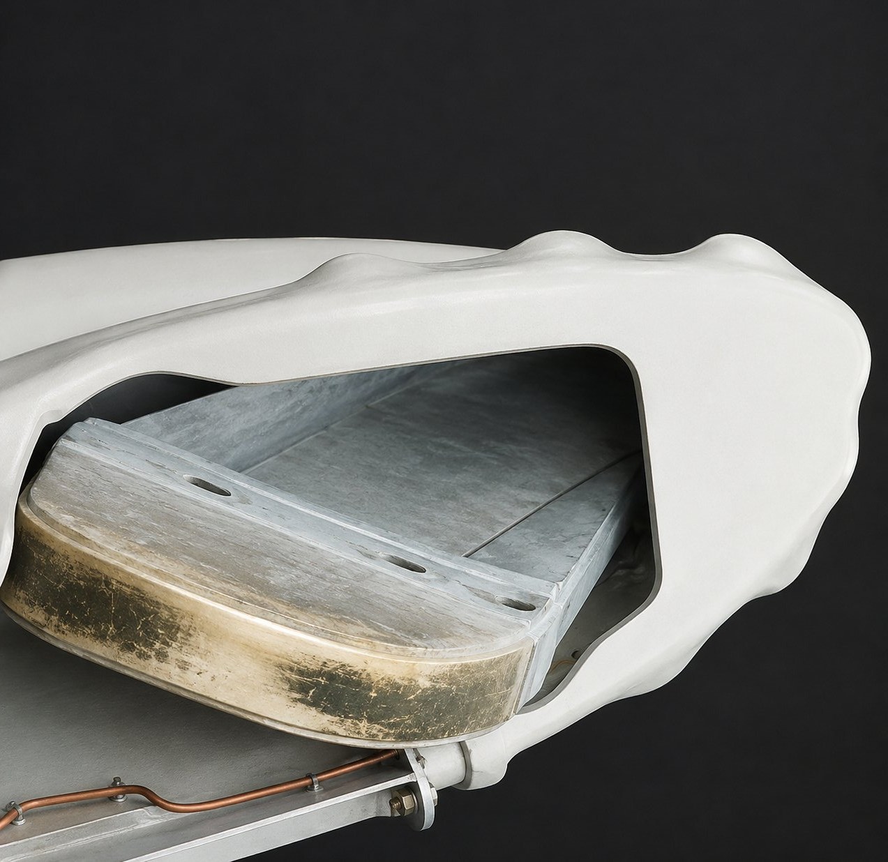 Detail of a blade root: the white composite shell cut away to reveal the filament-wound spar seated against its metal root fitting