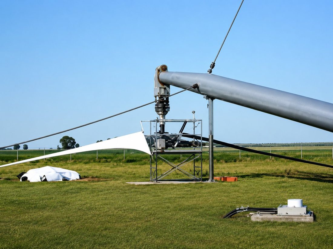Lowered Carter tower resting on its rest stand, showing the hinged base pintle, guy cables and winch pad